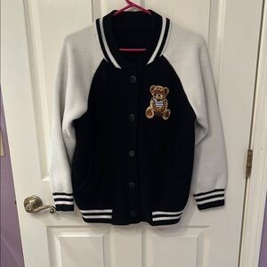 Black and White Bomber Jacket with Teddy Bear Patch